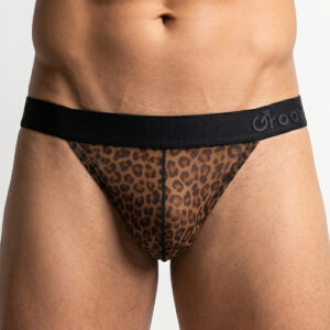 Male model wearing leopard-print mesh thong with a black elastic waistband, close-up of torso and hips