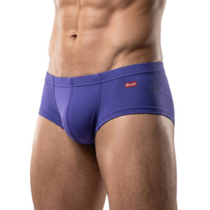 Man wearing purple men's underwear briefs with a red brand tag on the left hip.