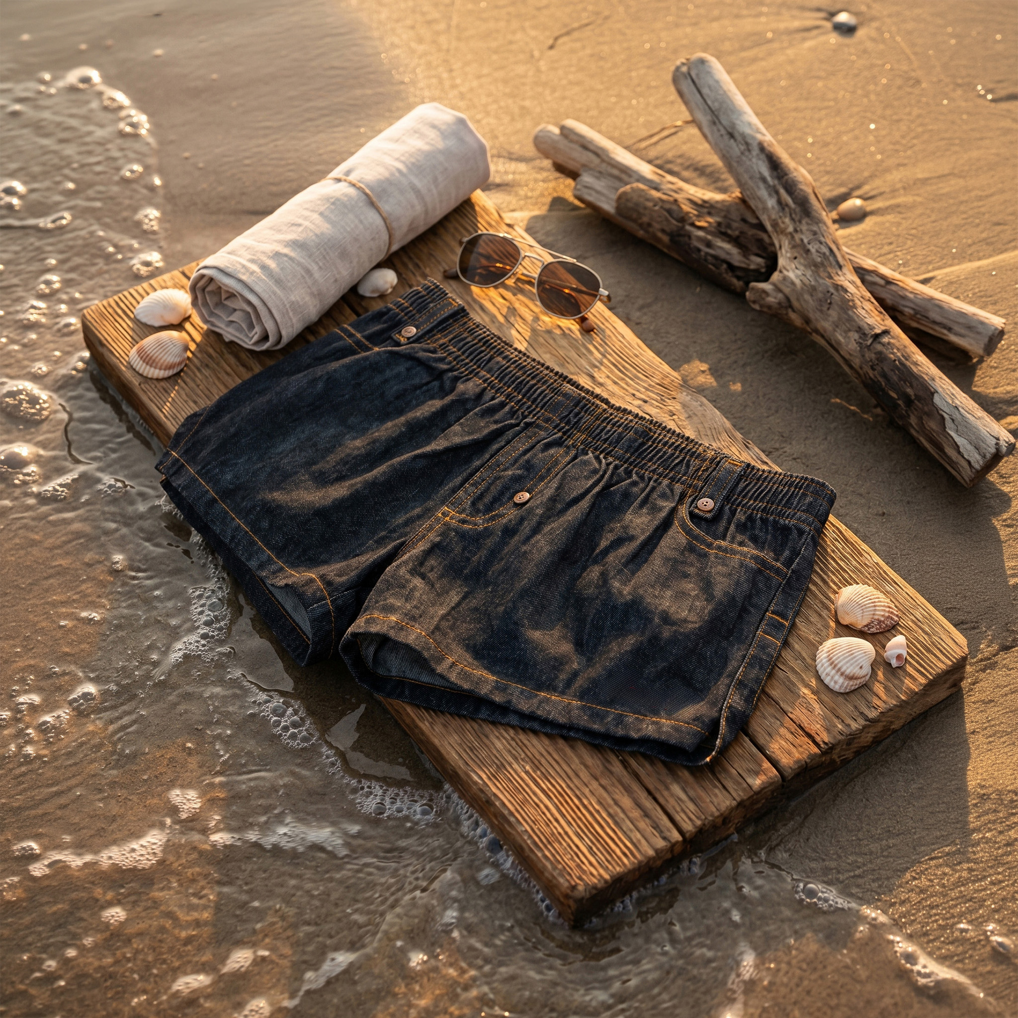 SP01-2 - Groovin' Online Shop Dark denim jeans laid over a weathered wooden board with sunglasses, seashells and driftwood on a sunlit beach.