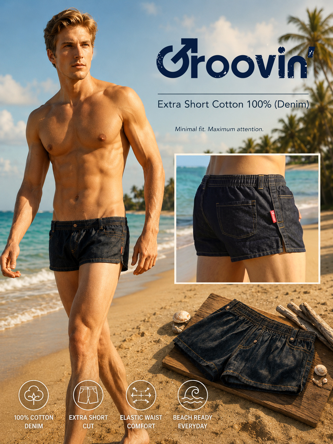SP01J-promo - Groovin' Online Shop Male model on a sunny beach wearing dark denim shorts; Groovin logo and 'Extra Short Cotton 100% (Denim)' text with a back-view inset of the shorts.