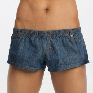 Back view of a person wearing blue denim shorts with an elastic waistband and copper rivets.