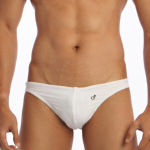Male torso wearing white briefs with a small black logo at the front waistband.