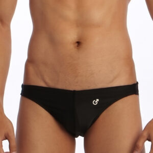 Man wearing black briefs with a small white logo on the front right side.
