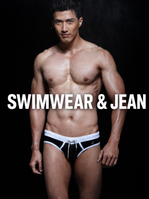 Male model shirtless in black swim briefs against a dark background with 'SWIMWEAR & JEAN' overlaid.